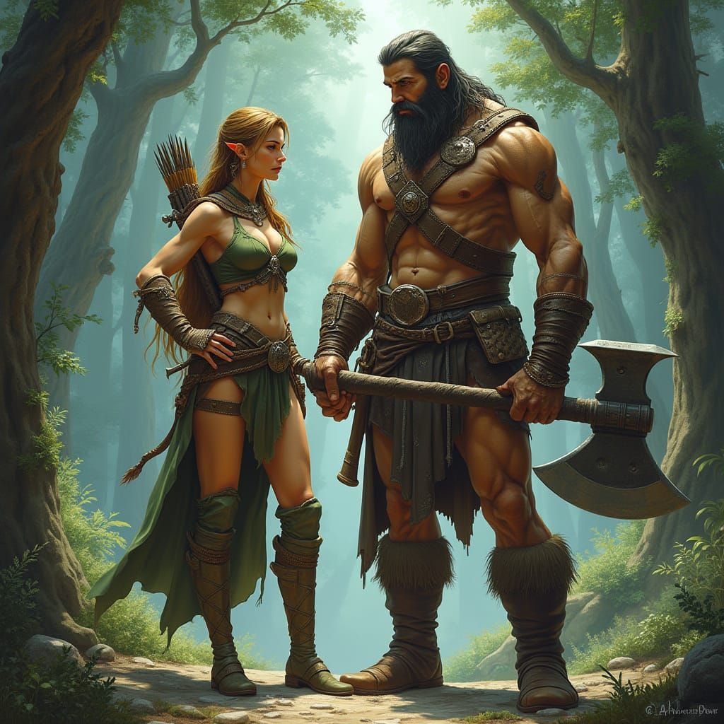 Elf Archer and Barbarian Druid in Fantasy Art Style