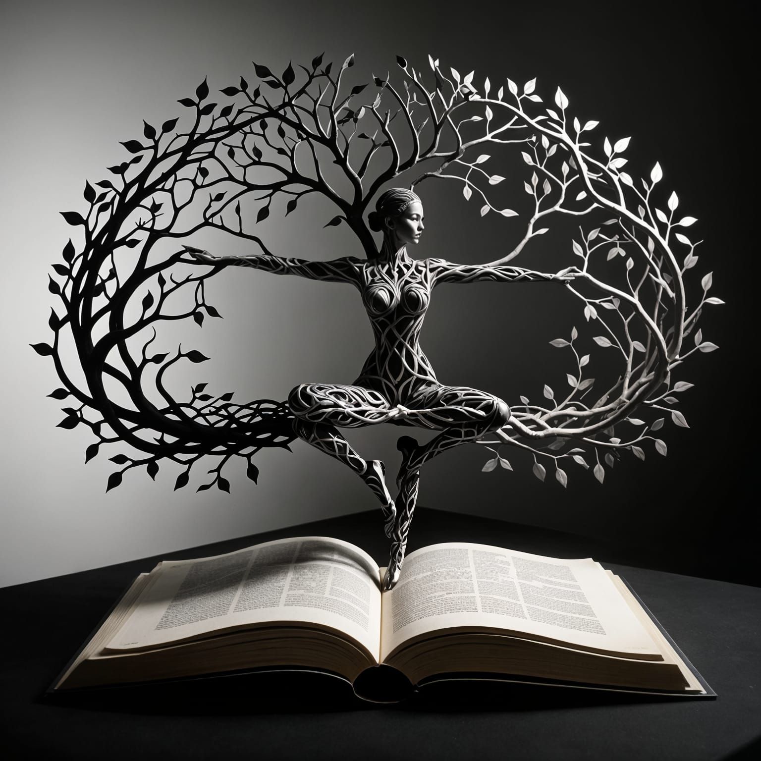 Surrealist Open Book Sculpture with Intricately Designed Yog...