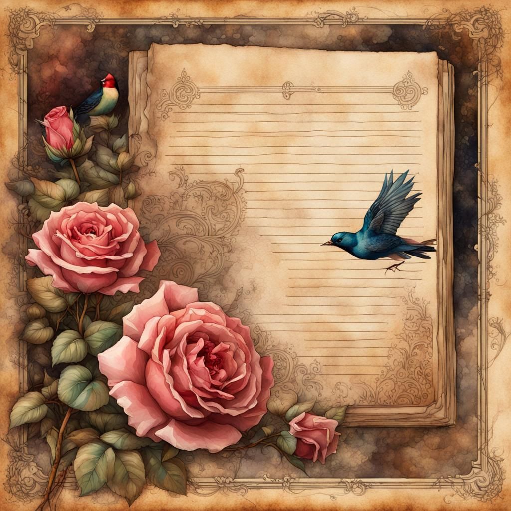 Steampunk Roses and Birds Watercolor Painting