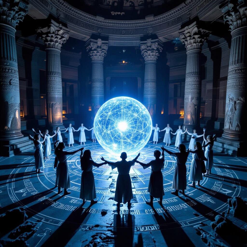 Art Deco Temple With Mystic Blue Light and Water Halo