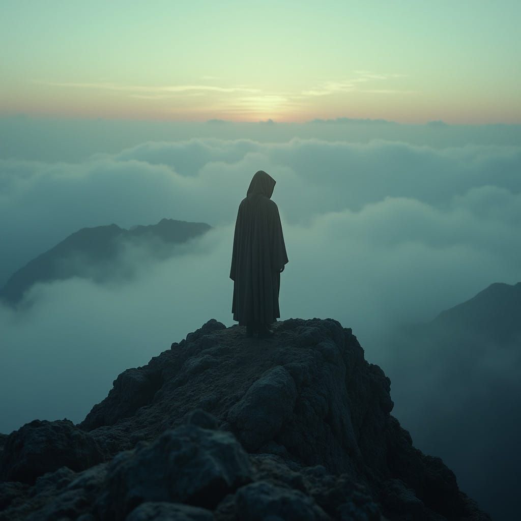 Mystical Figure on Mountain Peak in Cinematic Film Still