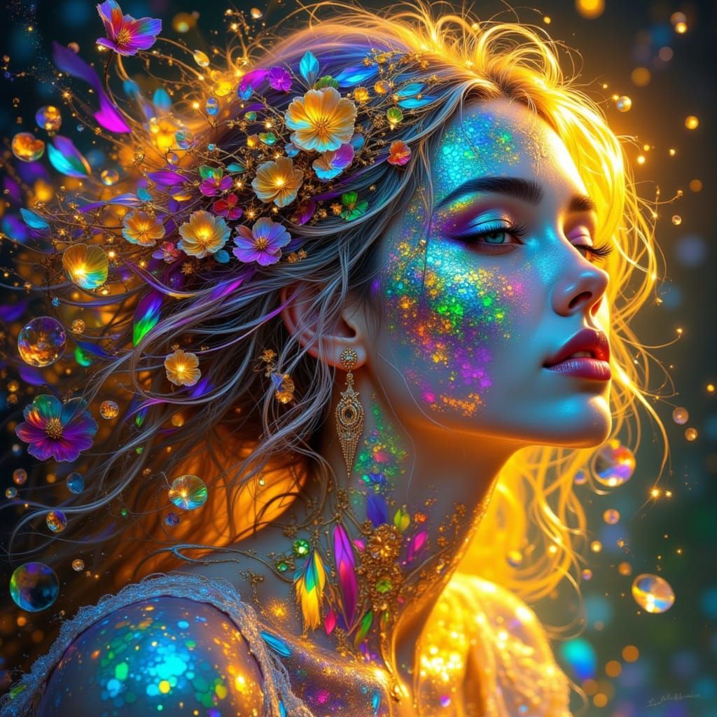 Rainbow Man with Gold Accents in Fantasy Art Style