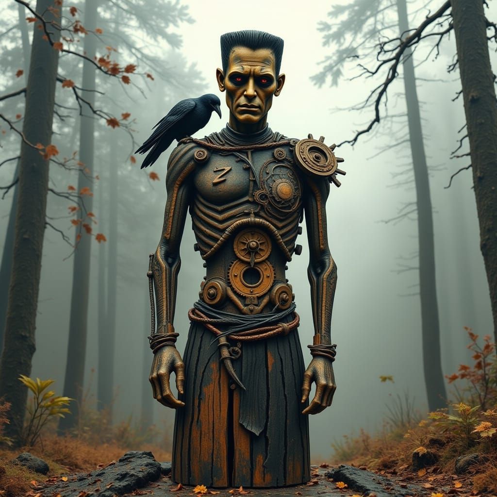 Towering Wooden Frankenstein Sculpture in Misty Forest