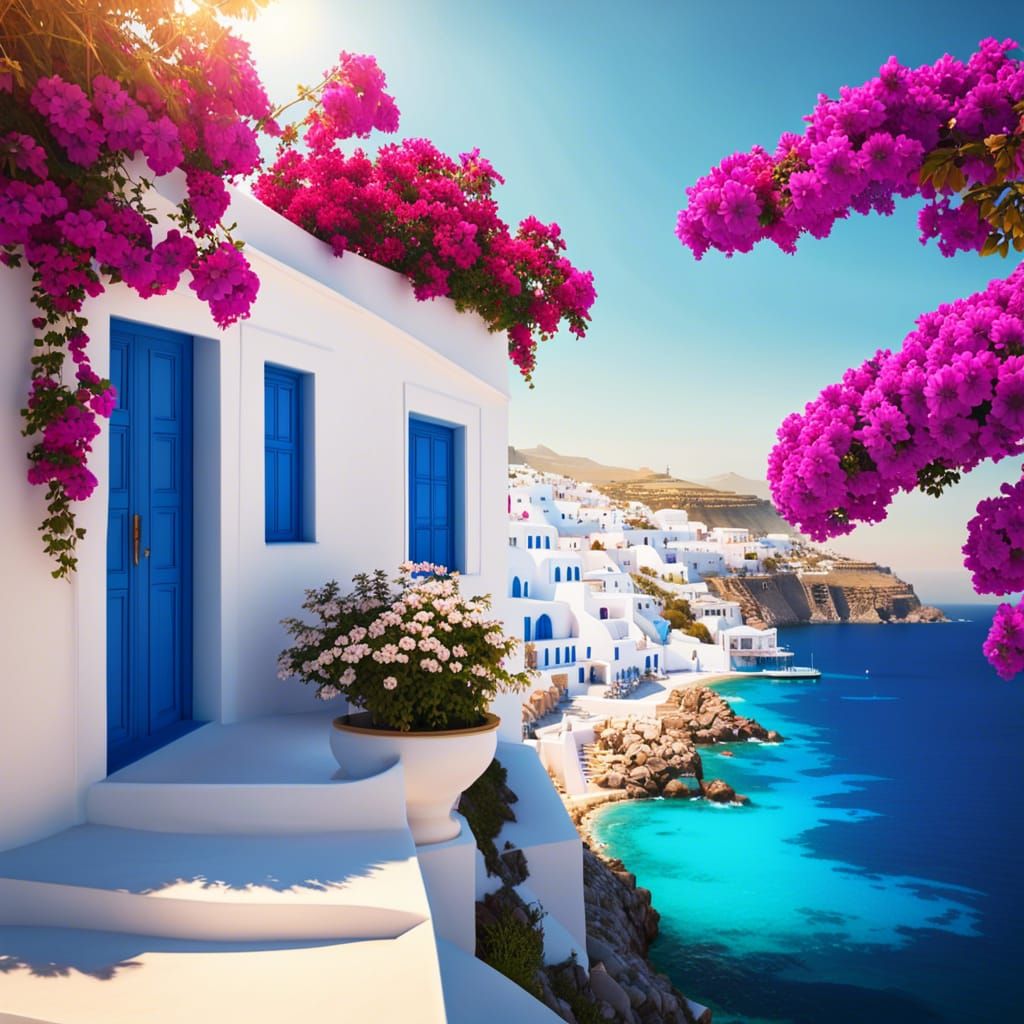 Charming Greek Island Town in Golden Hour Sunlight