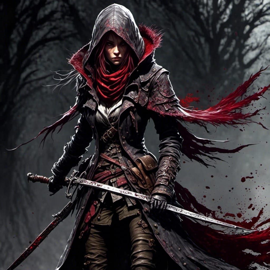 Powerful Assassin Holding Bloody Dagger