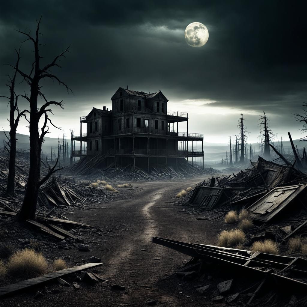 Eerie Abandoned House in Post-Apocalyptic Landscape