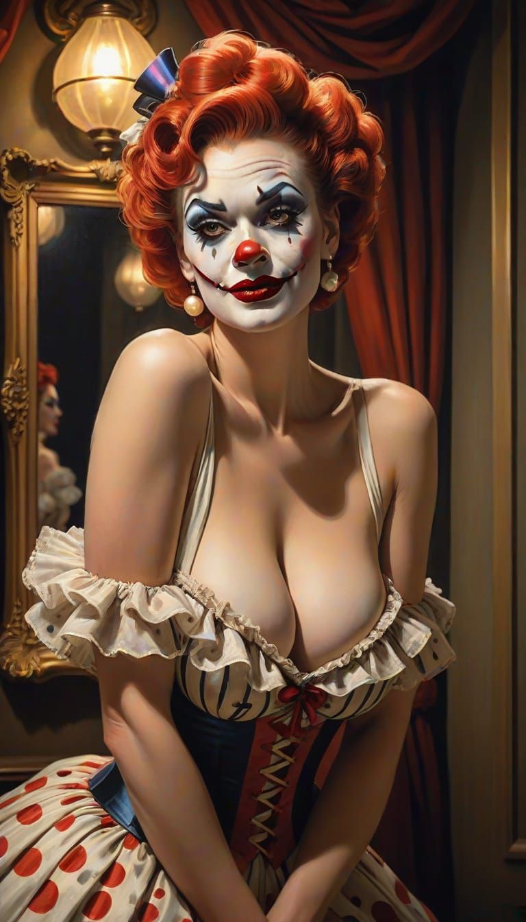 Pinup Clown Model Posing in Dimly Lit Dressing Room