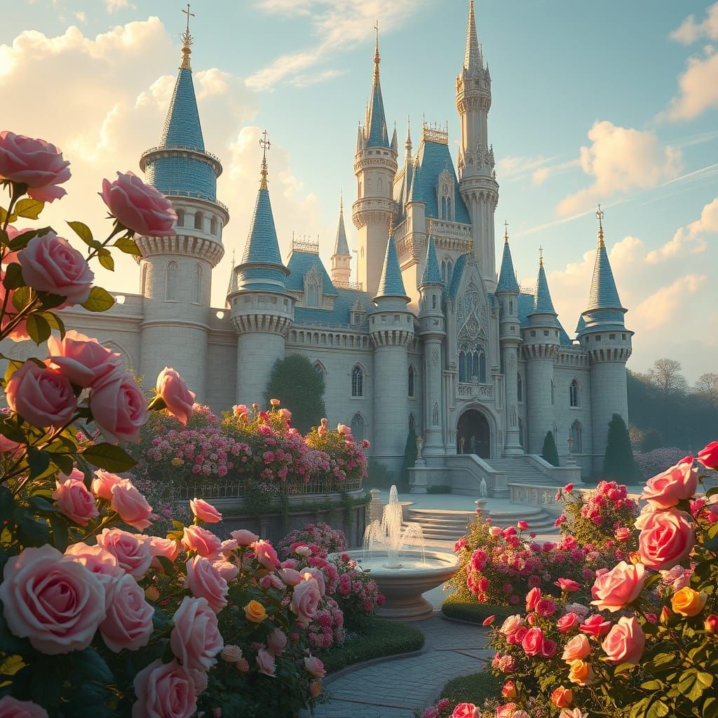 Whimsical Fairy Tale Castle in Vibrant Rose Garden