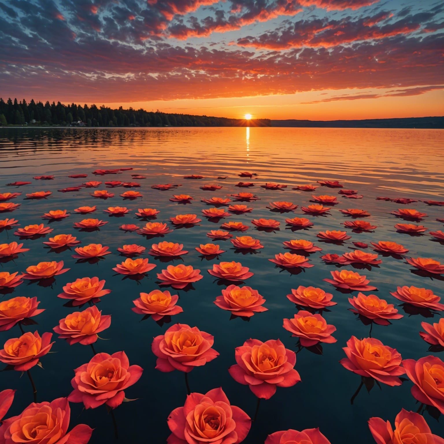 Rose Petals on Lake at Sunset