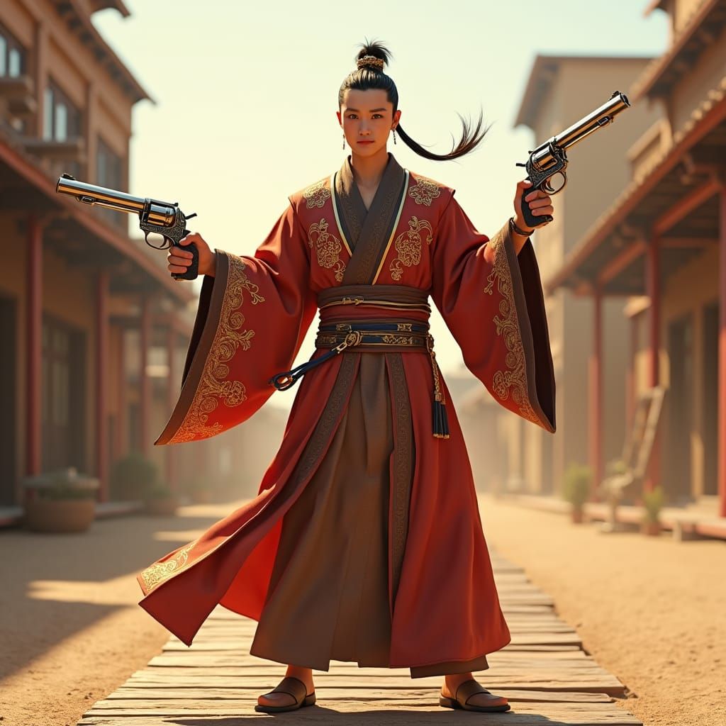 Shaolin Monk Gunslinger in Anime Style Cowboy Town