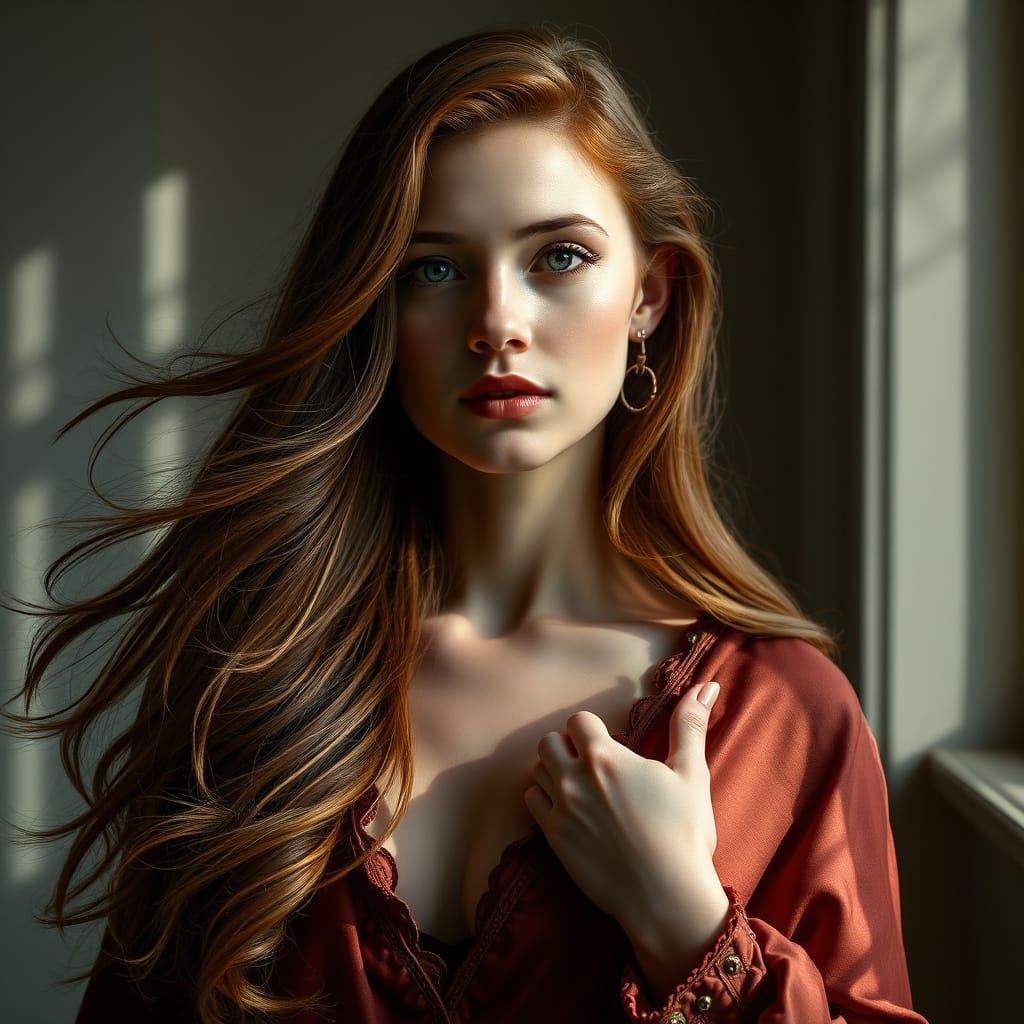 Serene Woman with Auburn Hair in Elegant Attire
