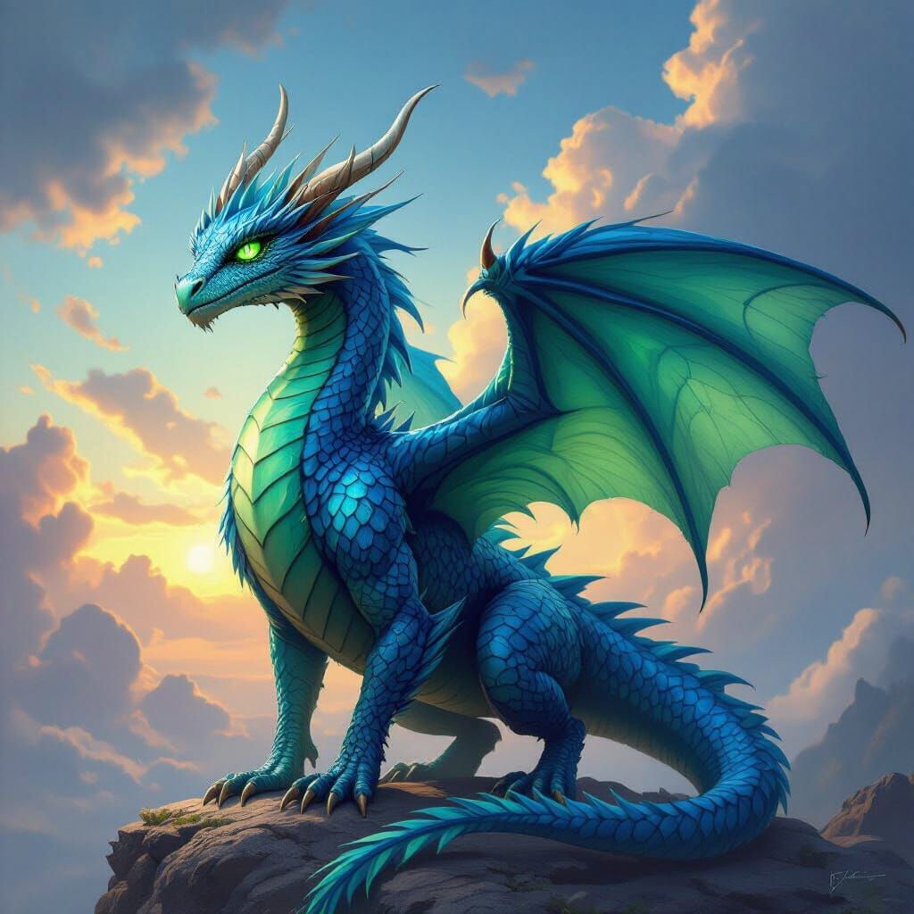 Majestic Blue Feathered Dragon in Fantasy Art Style