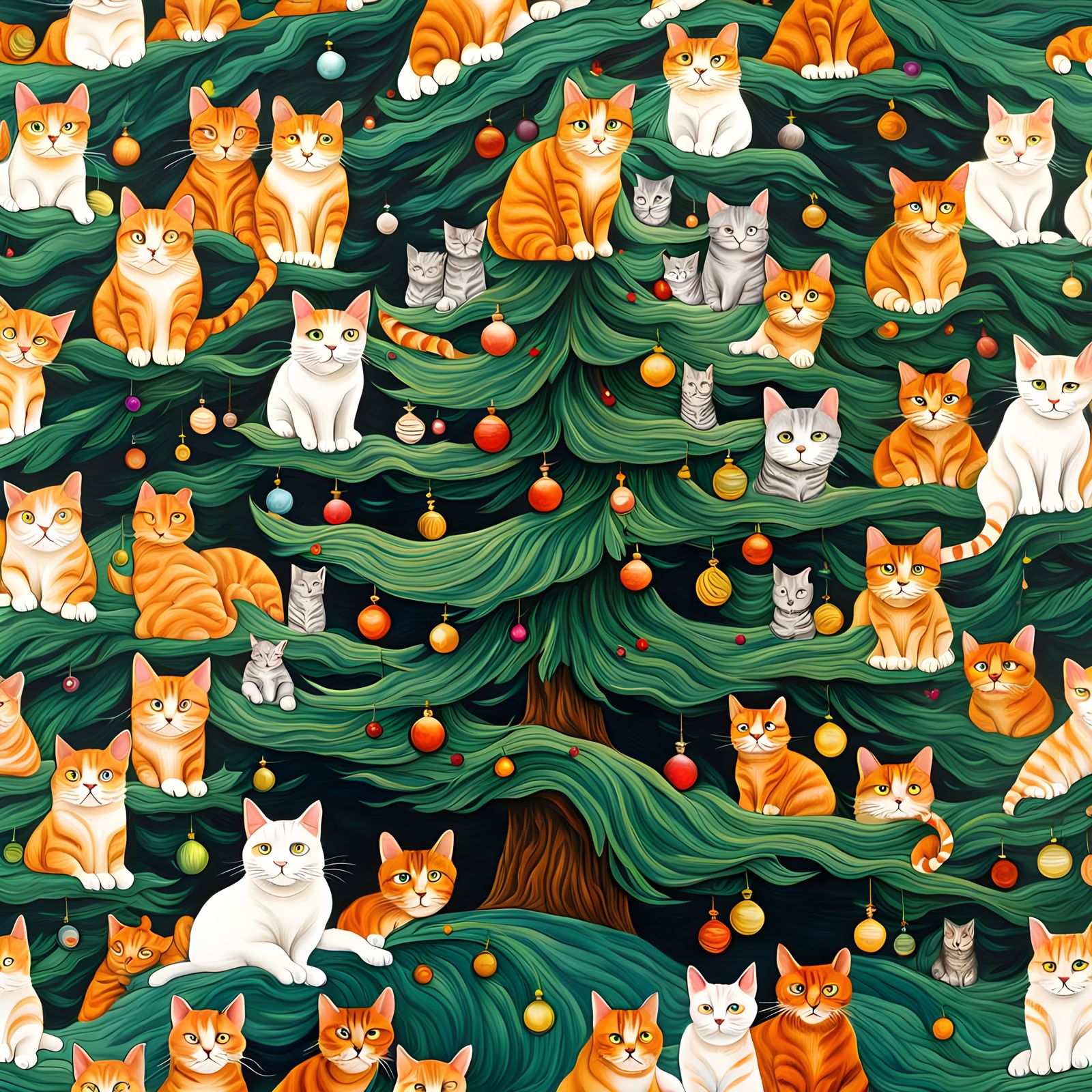 Surreal Cat Christmas Tree in Gouache Style