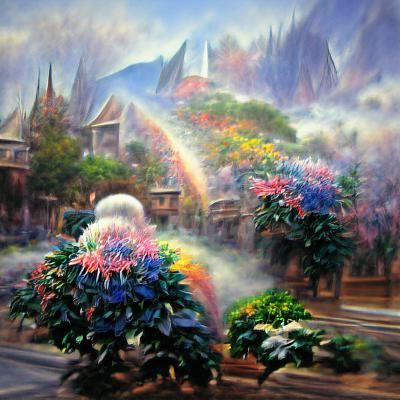 Ethereal Rainbow Bush Flower City in Fantasy Style