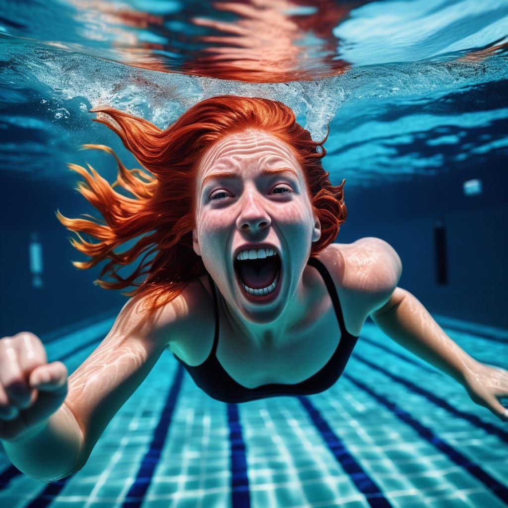 Surreal Woman Diving into Mouth-Shaped Pool
