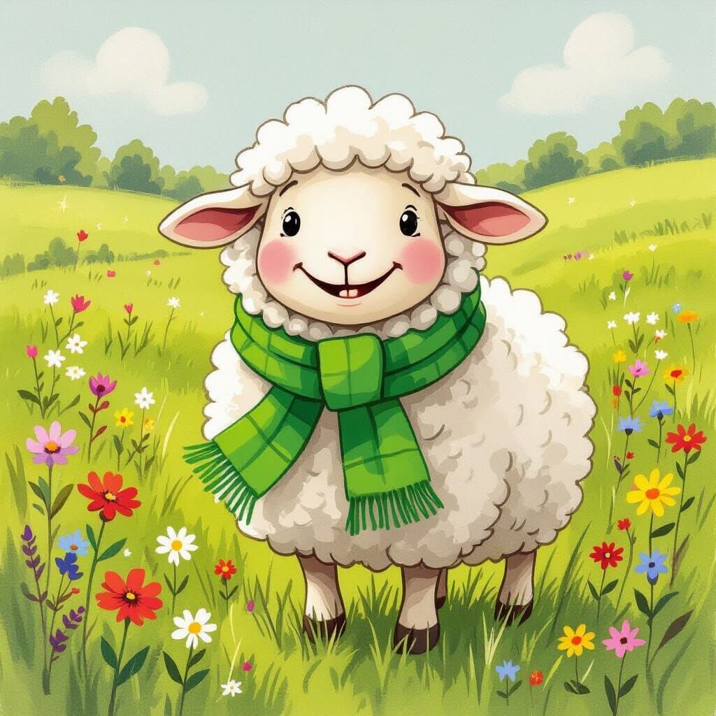 Whimsical Sheep in Meadow, Potter Illustration Style