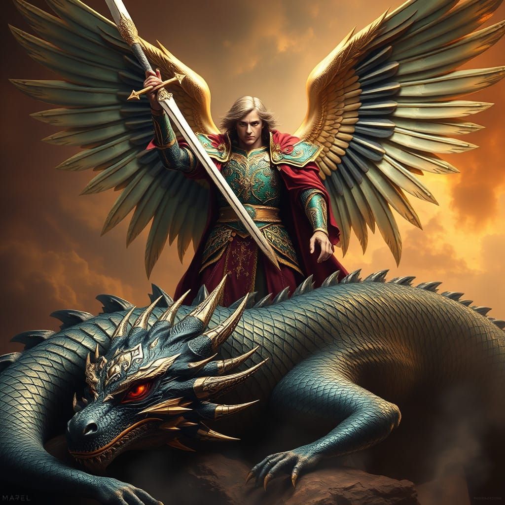 Majestic Archangel Michael in Crimson and Emerald Armor with...