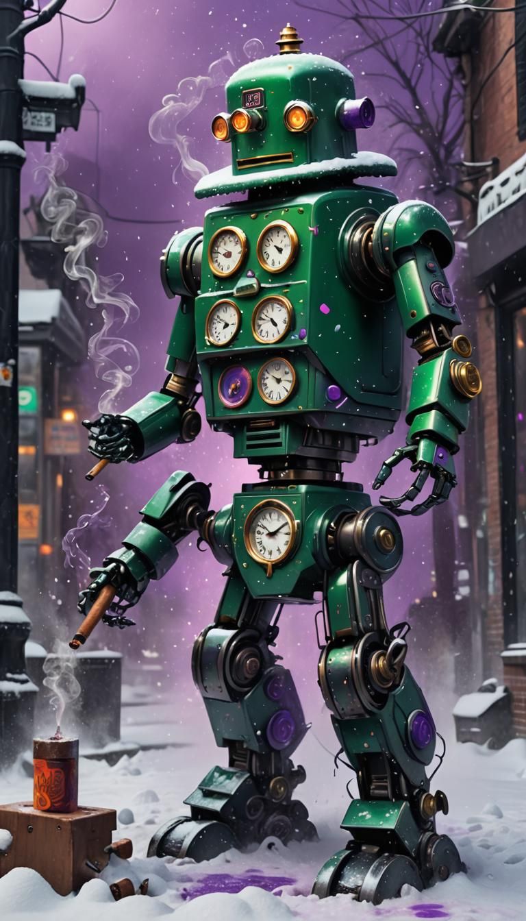 Robot Clock Smoking Cigar in Sci-Fi Graffiti Style