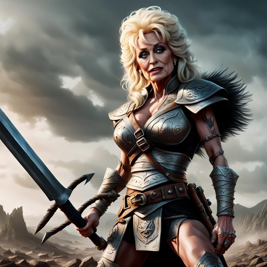 Dolly Parton as Barbarian Warrior on Alien Battlefield