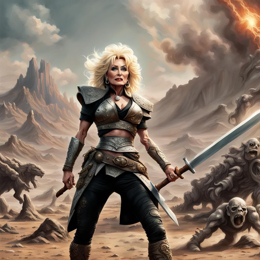 Dolly Parton as Barbarian Warrior on Alien Battlefield