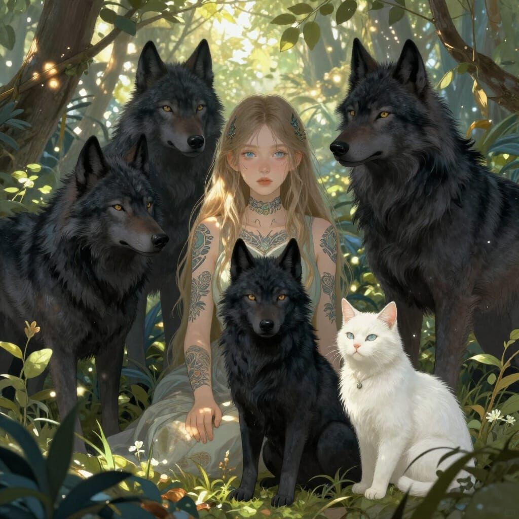 Fantasy Girl With Wolves and Cat in Enchanted Forest