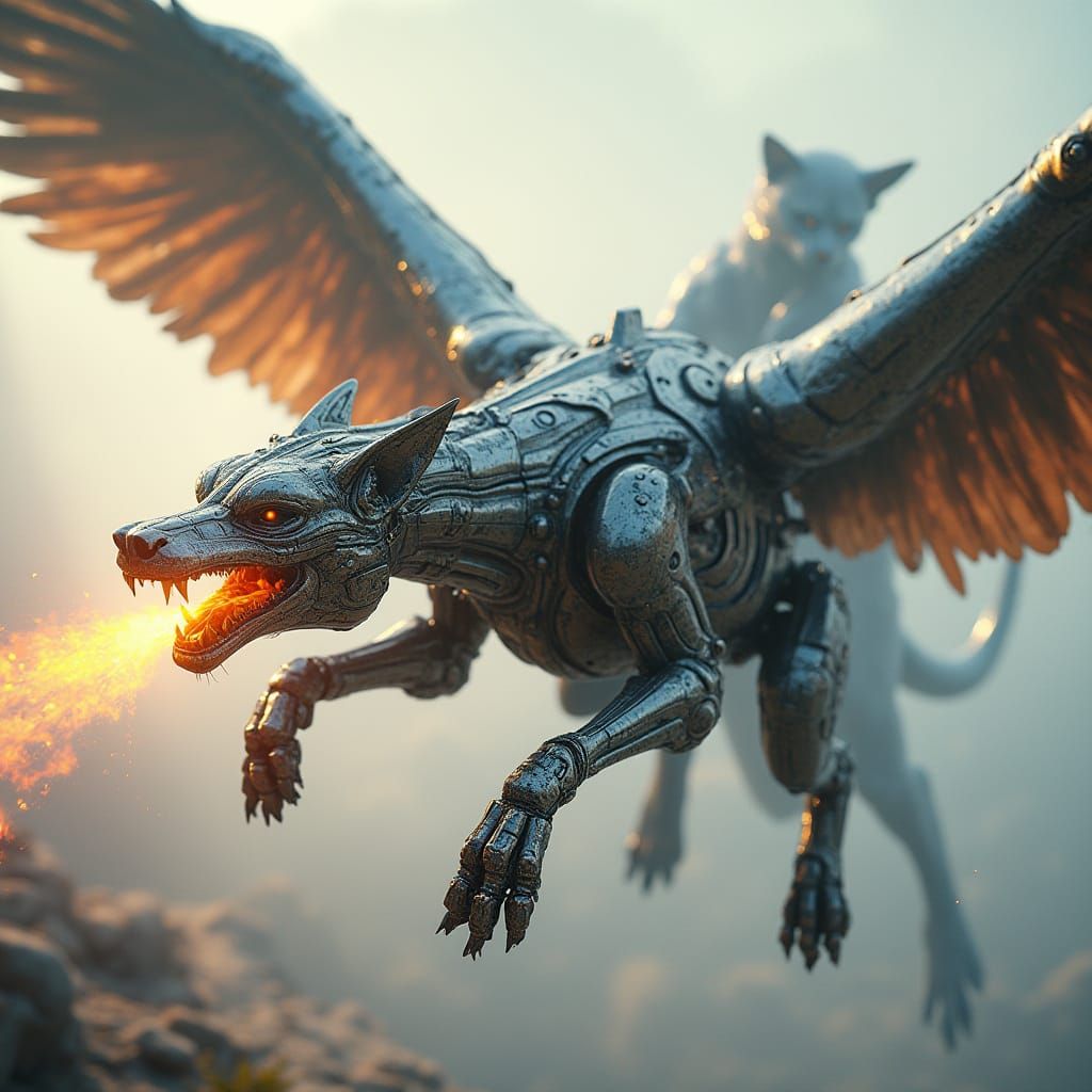 Winged Dog and Cat Clash in Sci-Fi Style
