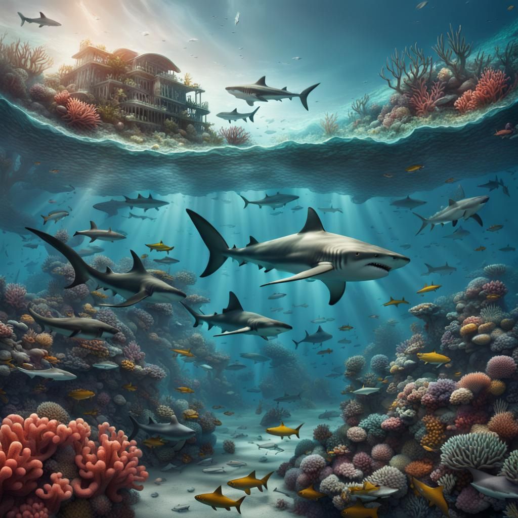 Sharks Swim Among Coral Reefs: Digital Matte Painting