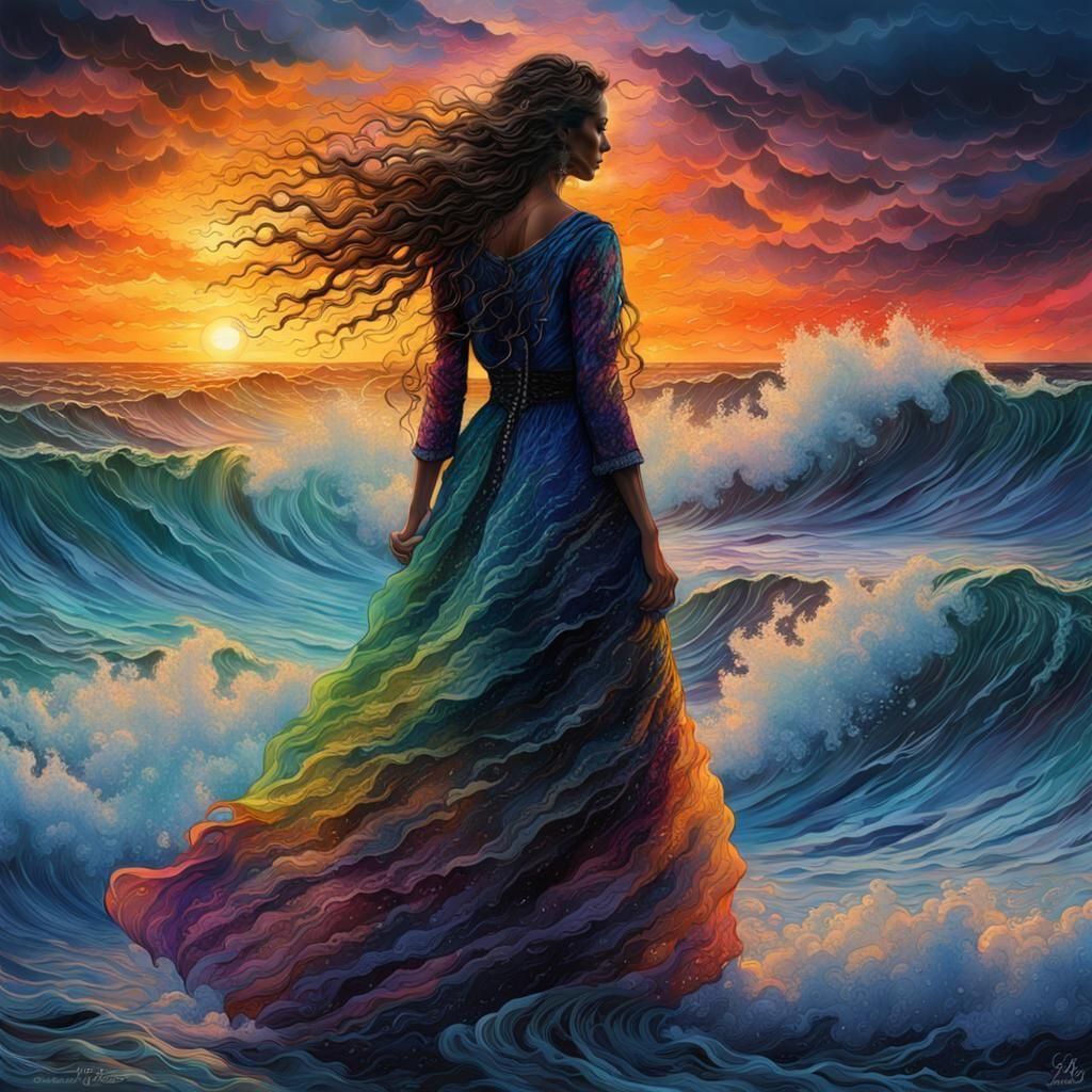 Transparent Woman Silhouette in Stormy Sea Waves