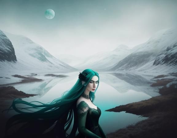 Gothic Girl in Snowy Highlands with Alien Overlay
