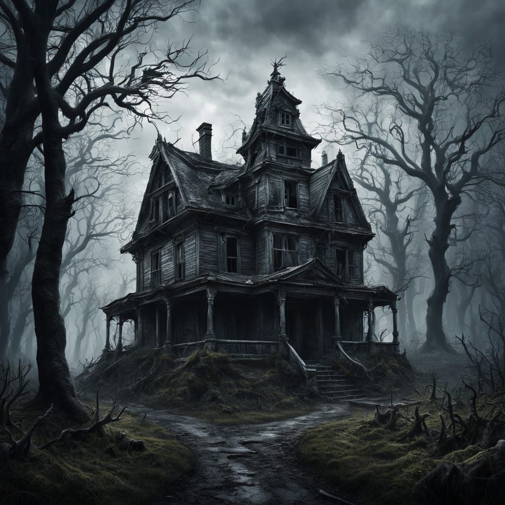 Mysterious, Abandoned Mansion in Dark, Foreboding Landscape