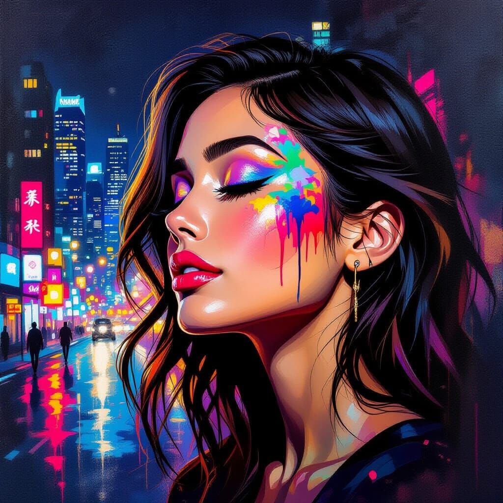 Woman's Face Illuminated by City Graffiti Art