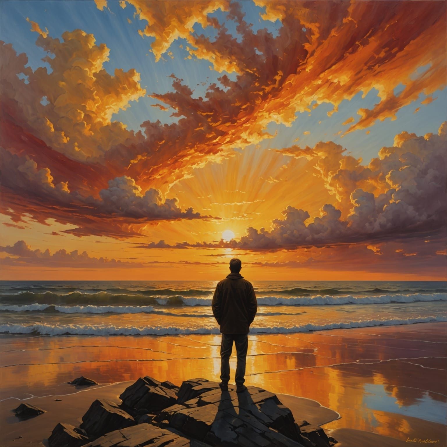 Solitary Figure Contemplating Cosmic Sunset in Impasto Style