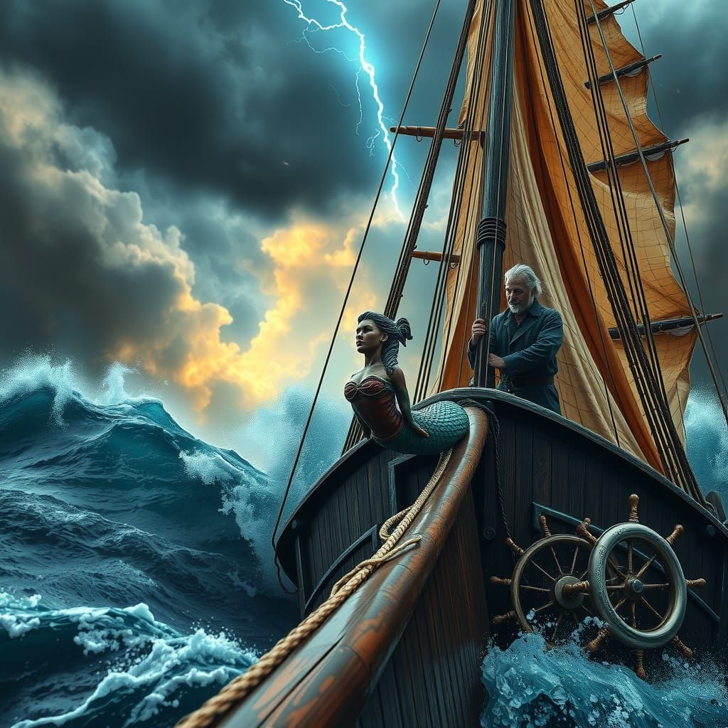 A old wooden ship sailing in rough seas