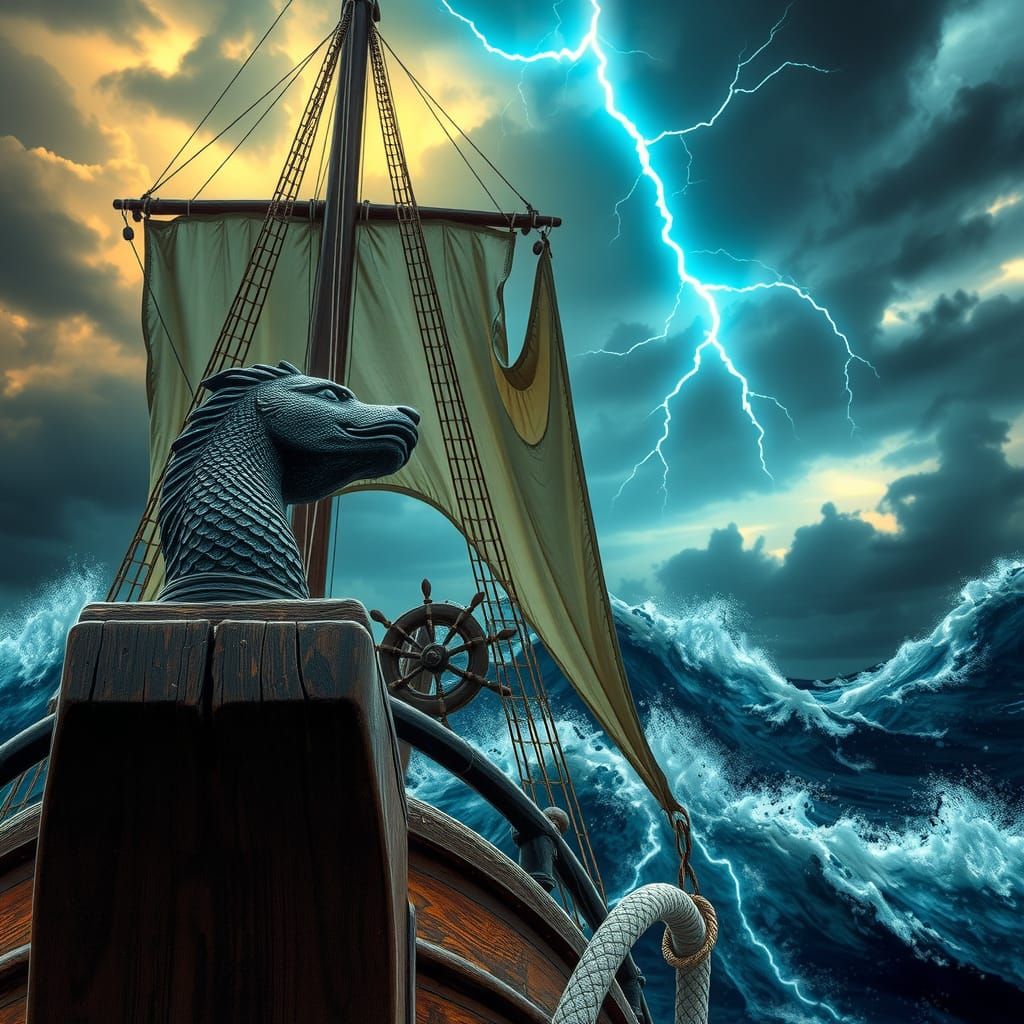 A old wooden ship sailing in rough seas