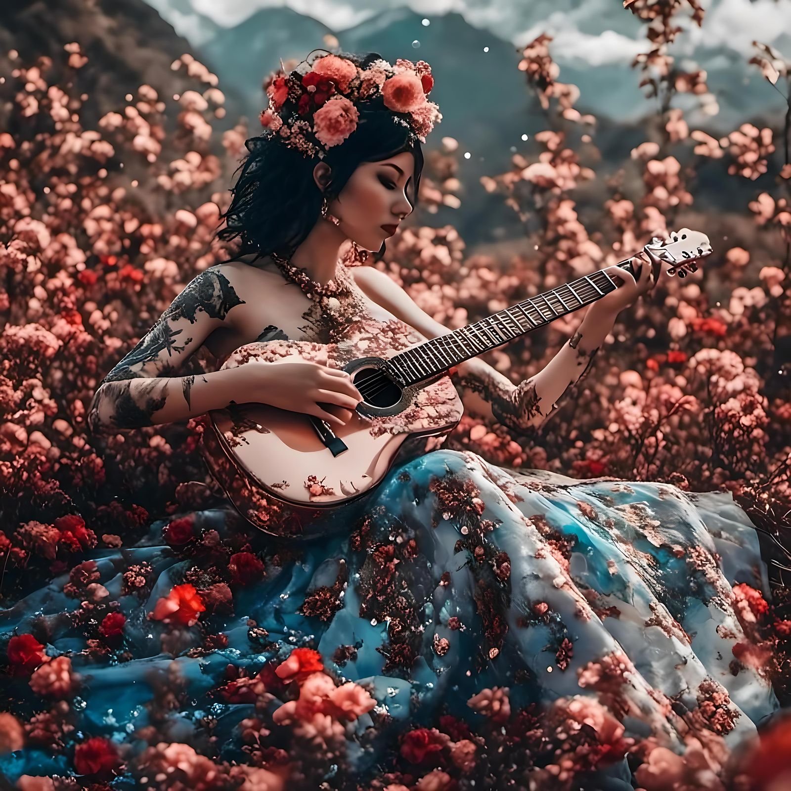 Boho Guitarist in Surreal Papercraft Style