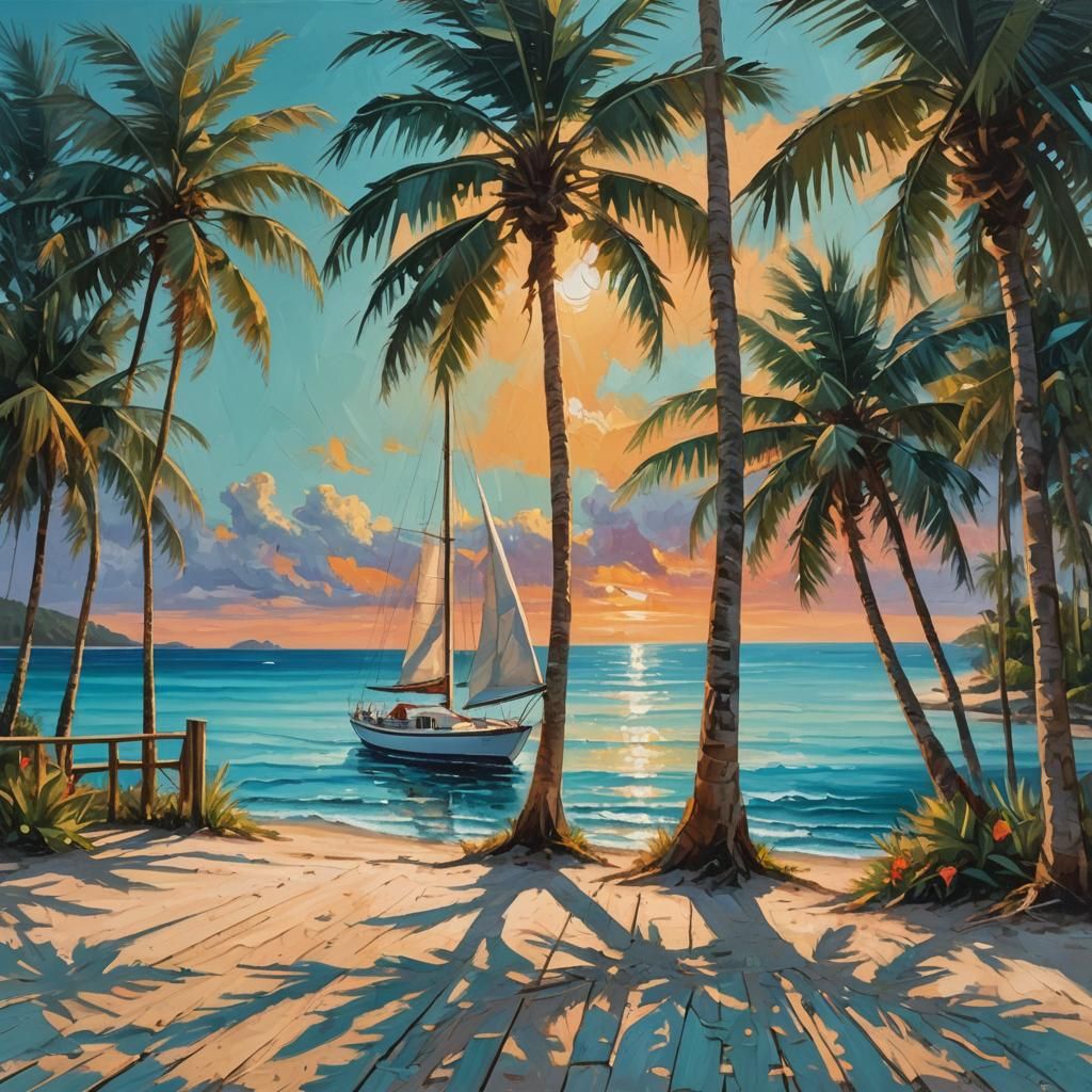 Tropical Beach with Sailboat: Oil Painting in Warm Colors
