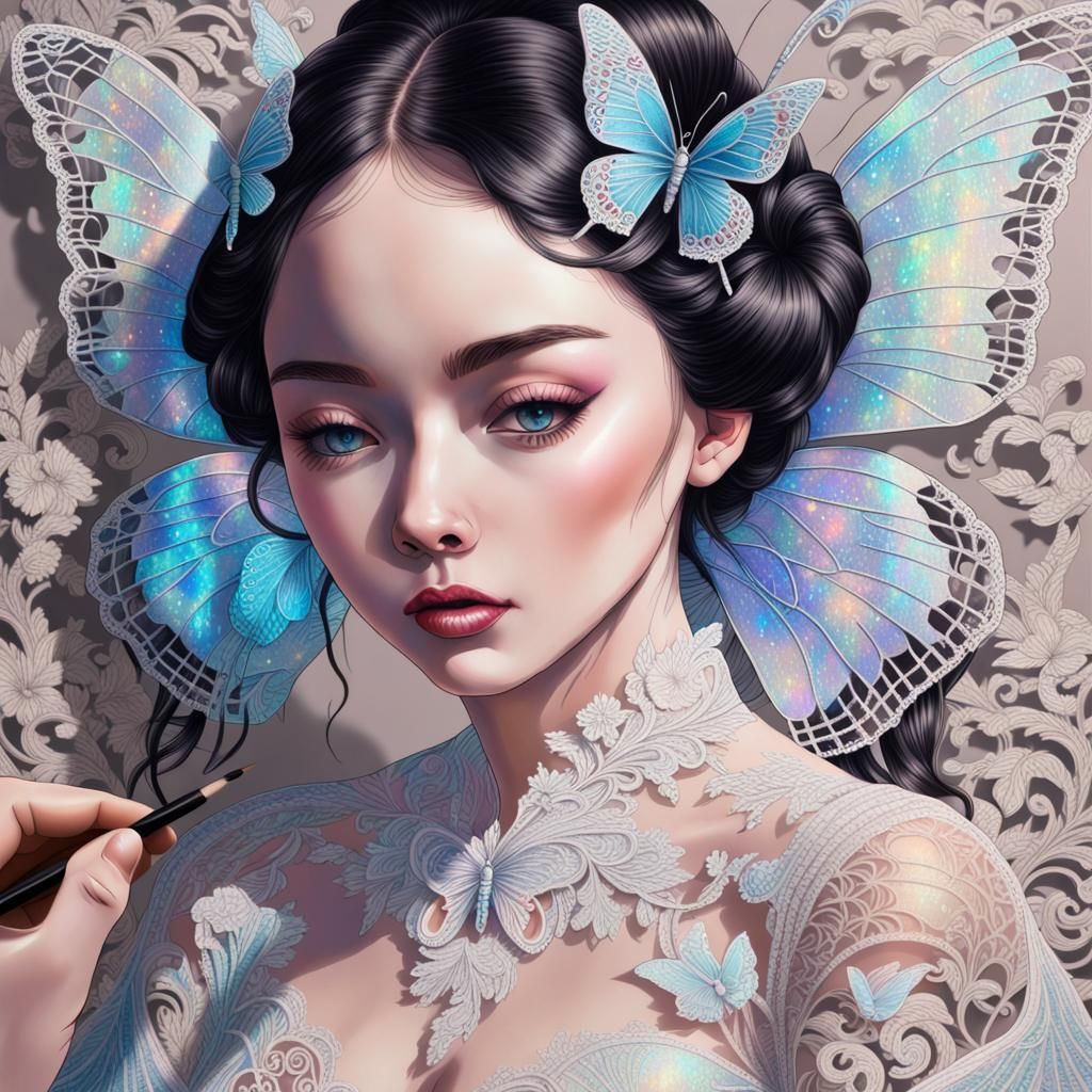 Holographic Madam Butterfly Drawing Lace in Hyperreal Style