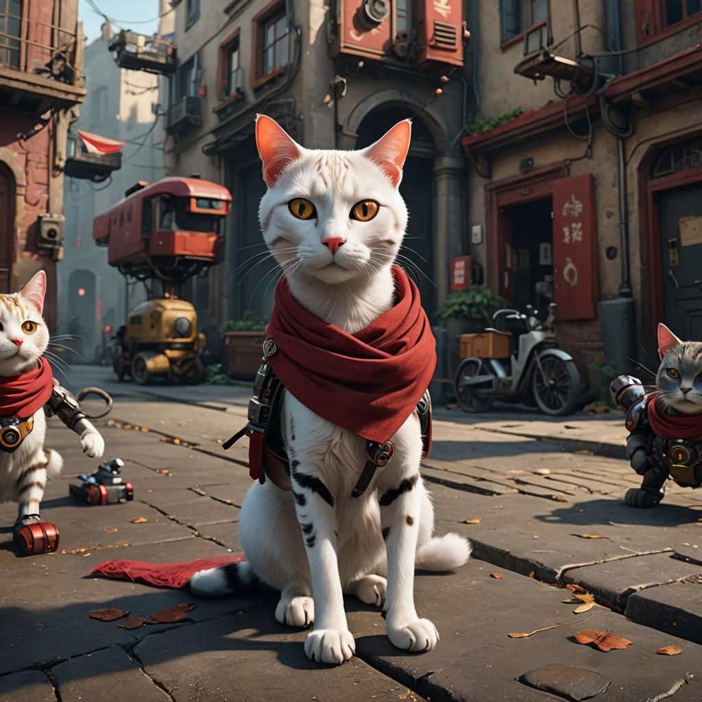 Humorous Bald Cat with Robotic Eye, Digital Art