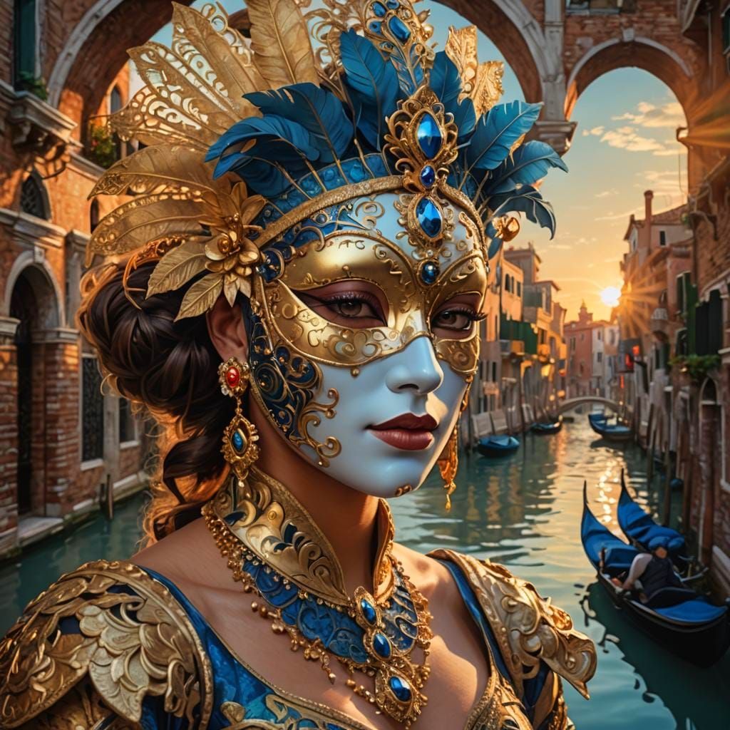 Venetian Woman in Ornate Mask at Sunset