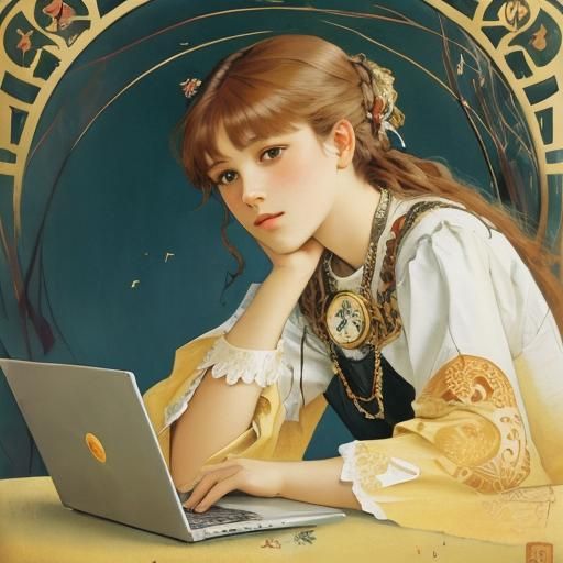 Art Nouveau Woman with Laptop, Mucha Klimt Style