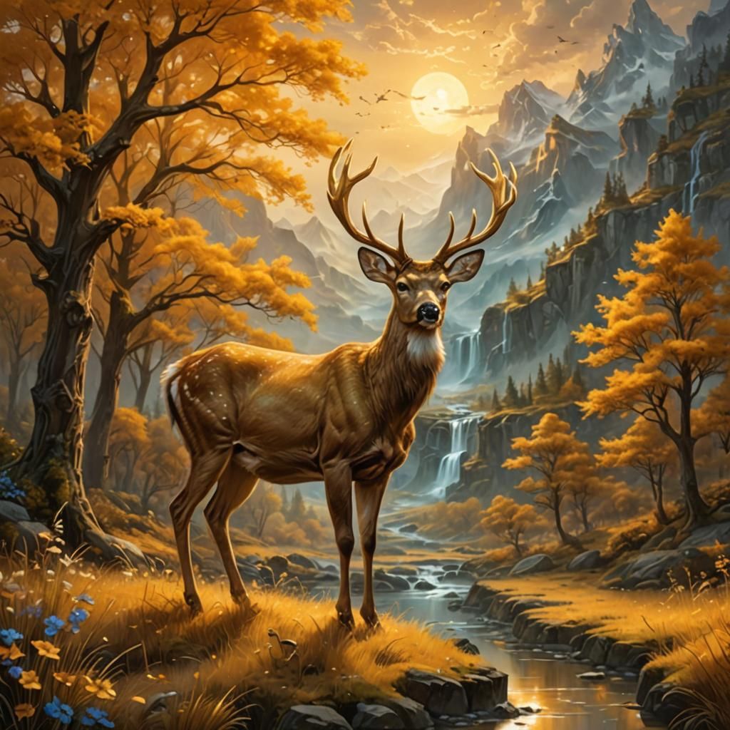 Deer in Breathtaking Golden Fantasy Landscape