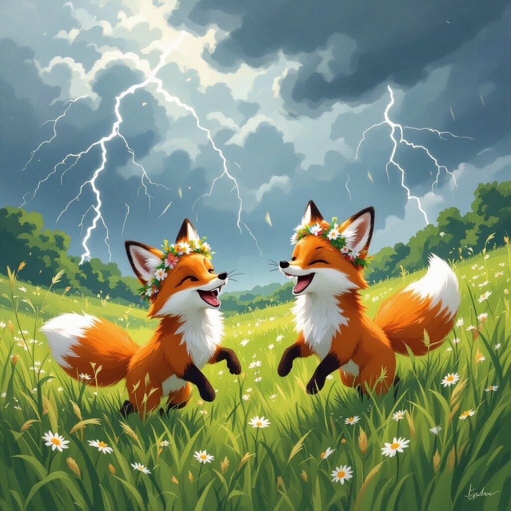 Whimsical Foxes Frolic in Stormy Meadow: Dreamy Art