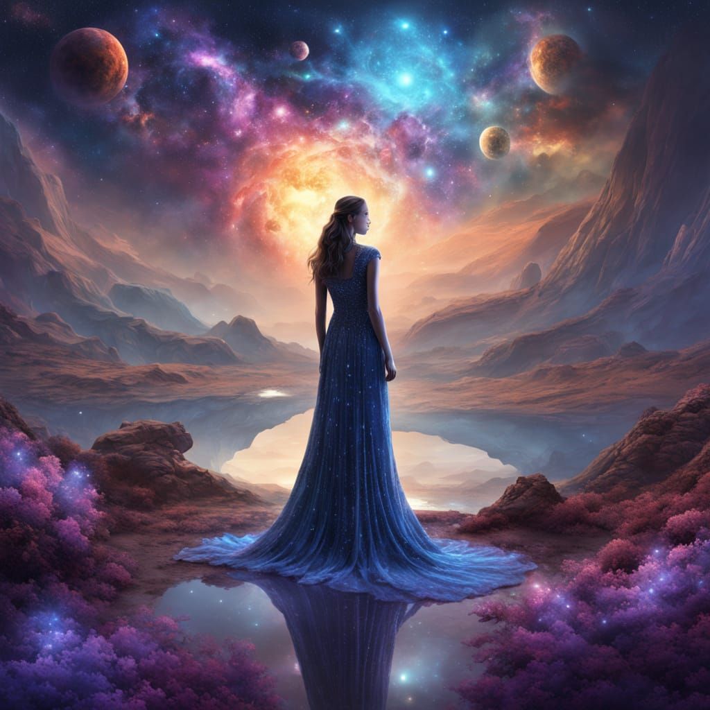 Woman in Shimmering Dress Walks Through Cosmic Landscape