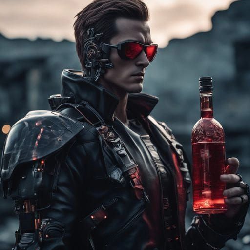 Terminator and C3PO Eating Pizza, Watercolor Painting