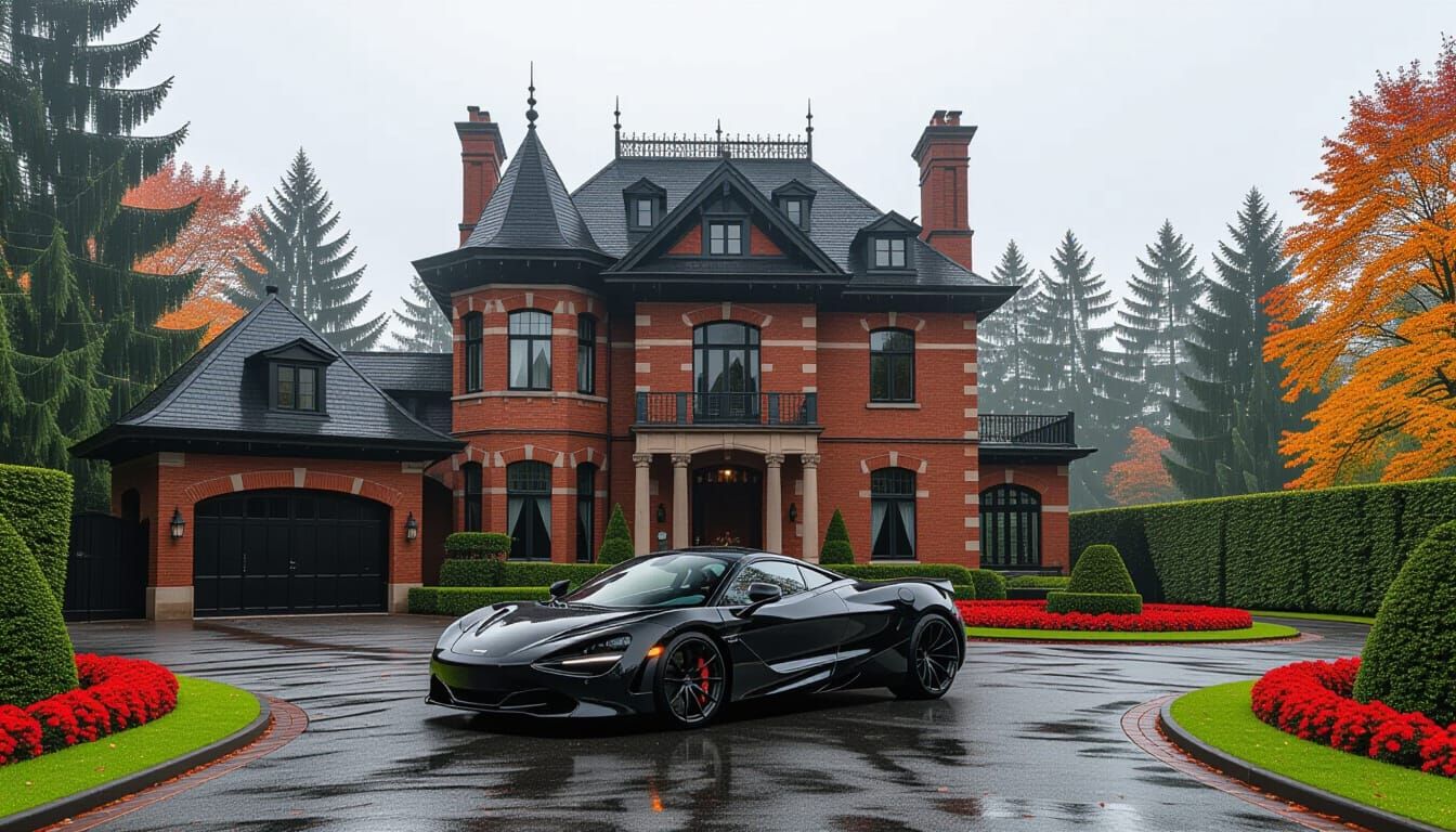 Victorian Chateau with McLaren in Misty Autumn Landscape