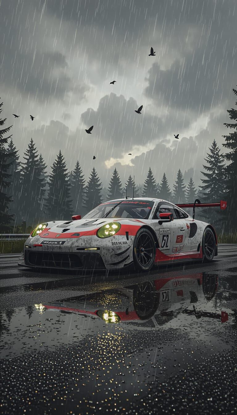 Porsche 911 GT3 R on Wet Forest Road