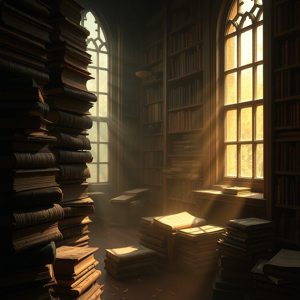 Crepuscular Rays Illuminate Ancient Library Tomes