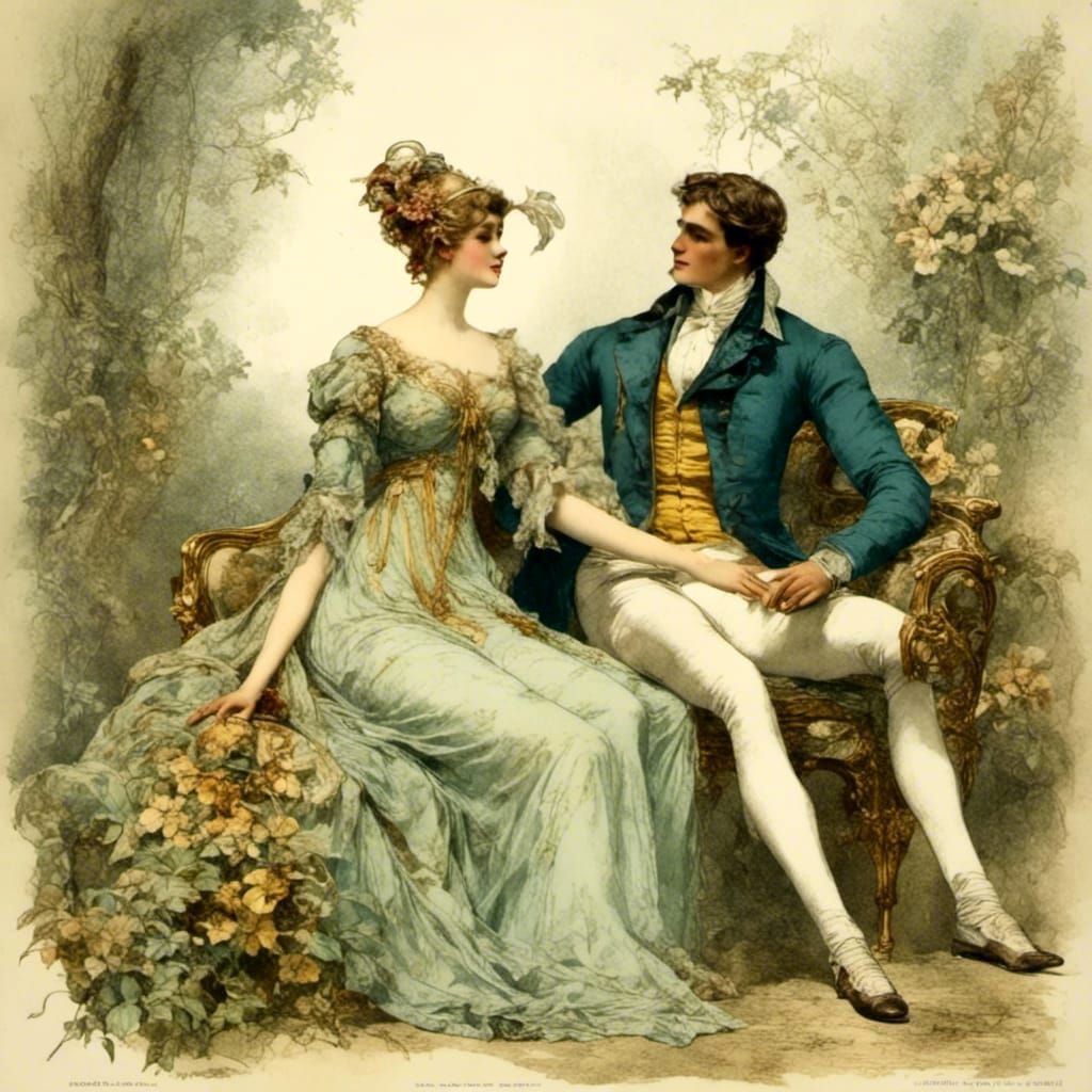 Romantic Regency Couple in Summer Garden