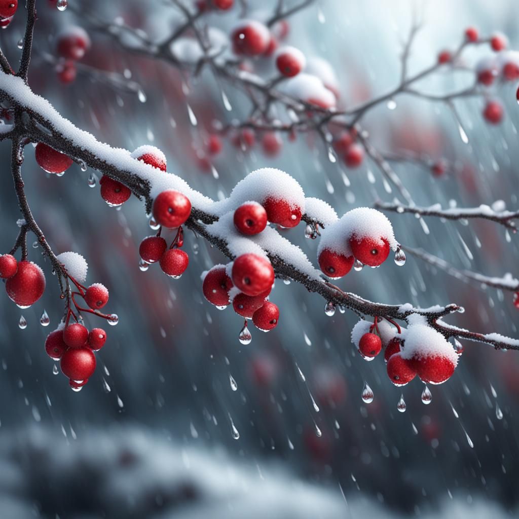 Snowy Branches with Red Berries in Sparkling Rain