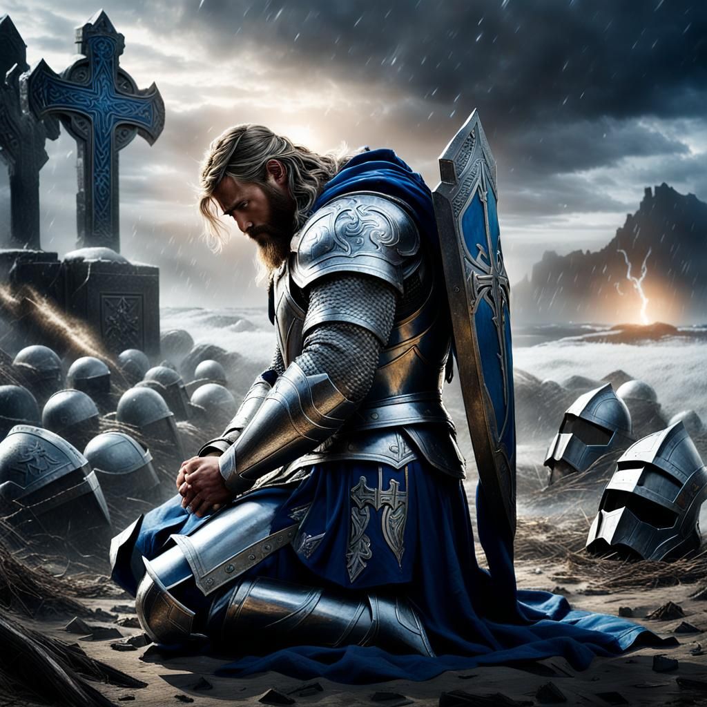 Thor-like Paladin in Silver Armor on Battlefield